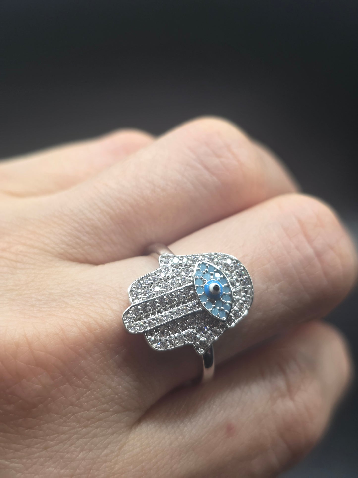 925 Sterling Silver Hamsa Evil Eye Clear Turquoise CZ Studded 18.6mm Ring..