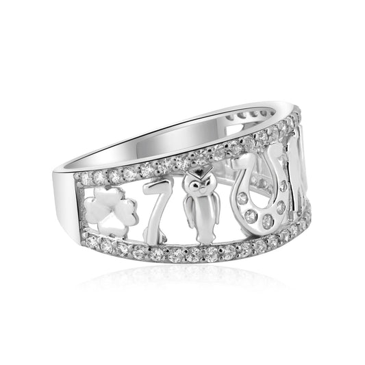 925 Sterling Silver Lucky Symbols CZ Ring..