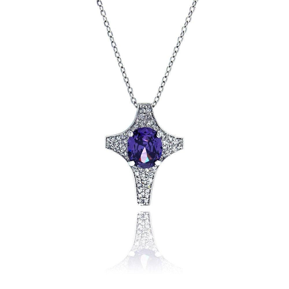 925 Sterling Silver Tanzanite CZ Rhodium Plated Cross Pendant Necklace