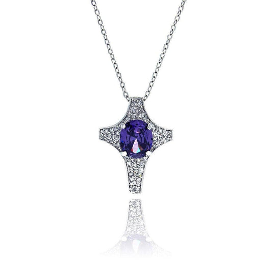 925 Sterling Silver Tanzanite CZ Rhodium Plated Cross Pendant Necklace