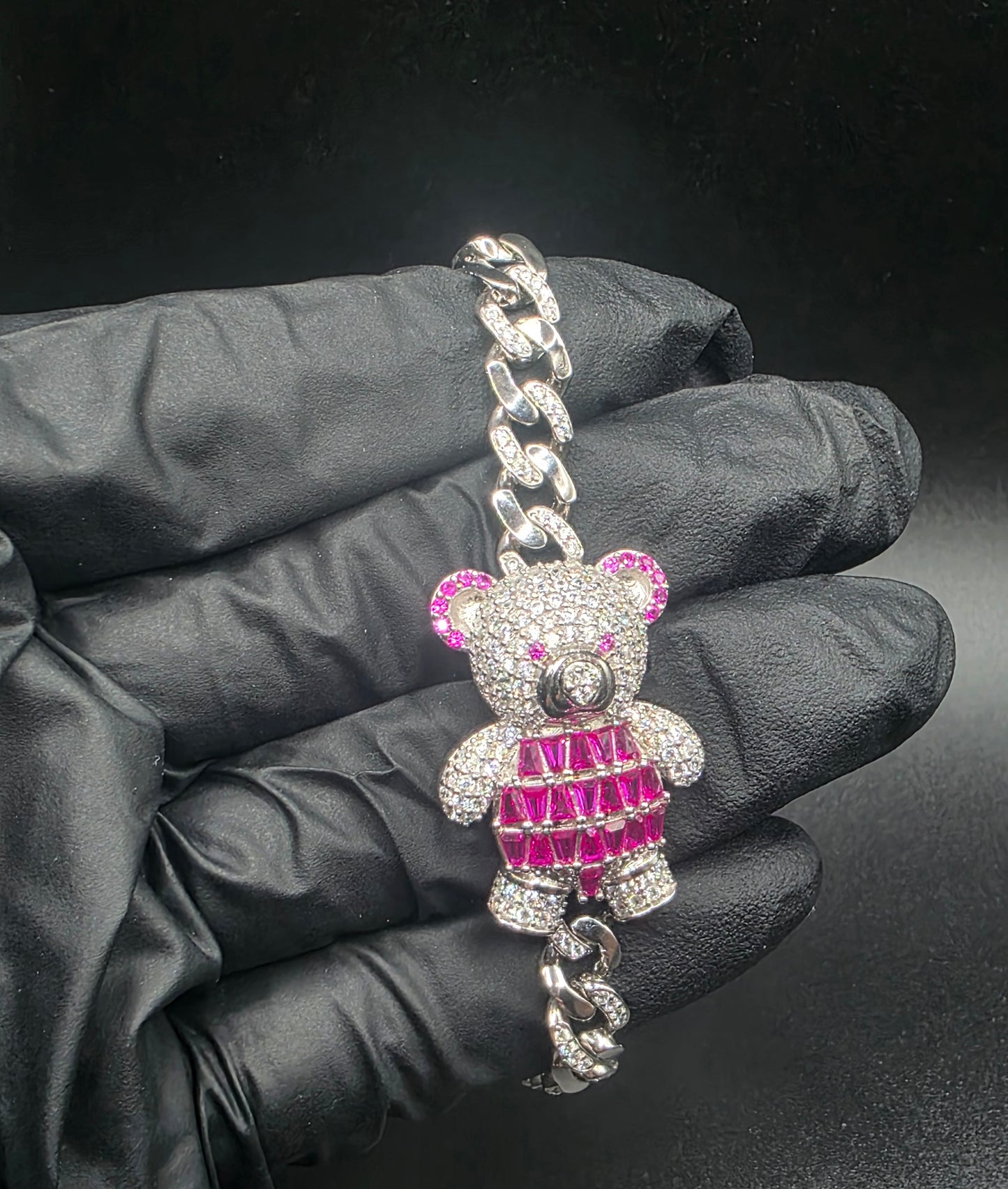 6.4MM 925 Sterling Silver Cuban Link Teddy Bear Baguette Pink and Round Clear CZ Studded Bracelet..