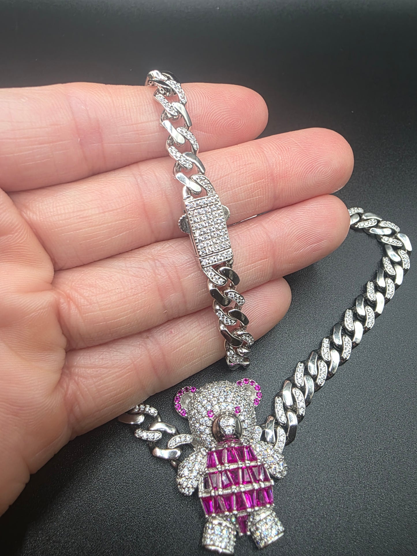 7MM 925 Sterling Silver Teddy Bear Baguette Pink and Clear CZ Encrusted Miami Cuban Link Chain..