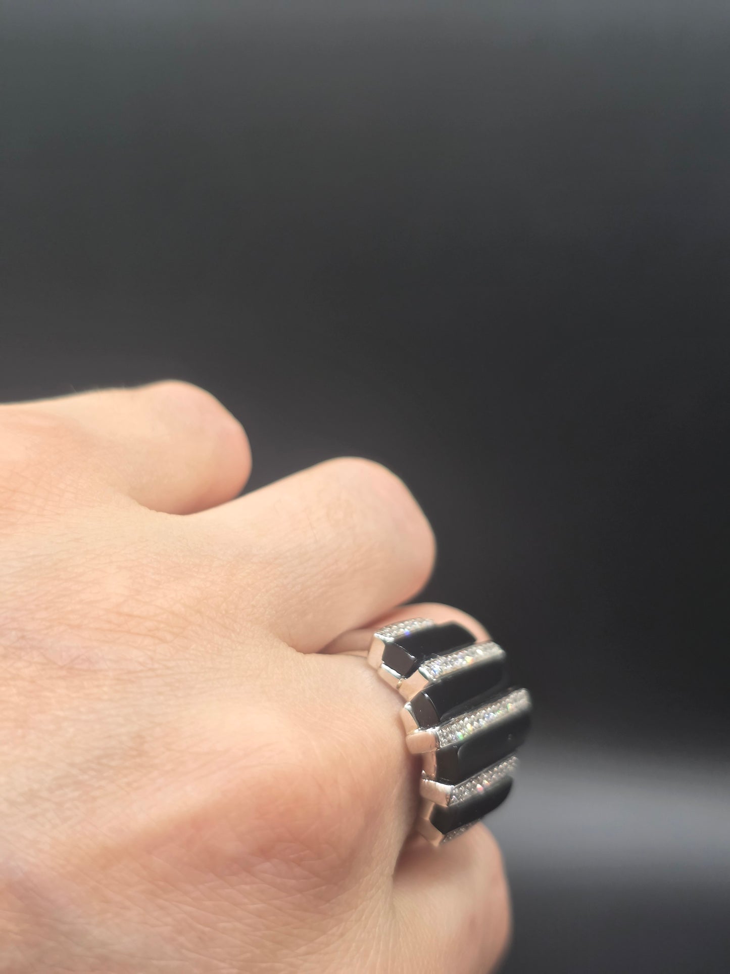 925 Sterling Silver Multiple Onyx Clear CZ Bars Ring