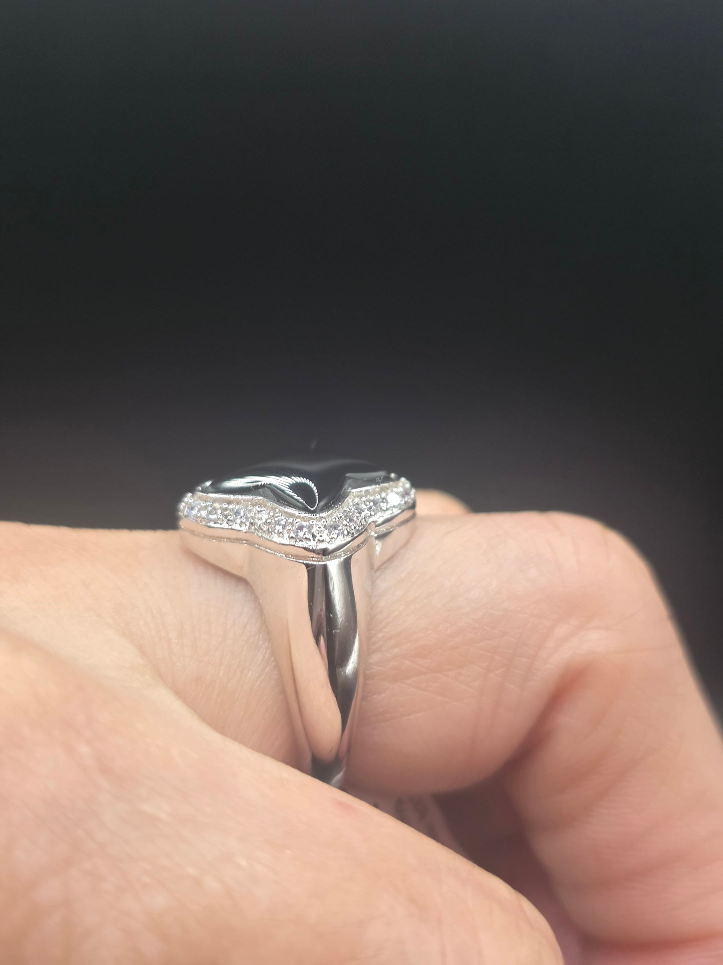 925 Sterling Silver Onyx Center Clear Cluster Border CZ Flower Ring